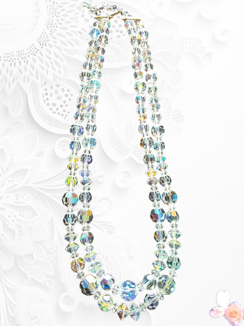 Vintage Lisner Iridescent Crystal Double Strand Necklace AB Clear